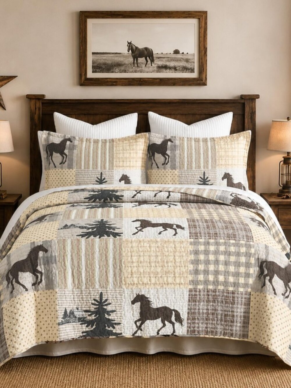 Horse King Quilt Set - 100% Cotton Western Patchwork Bedspreads